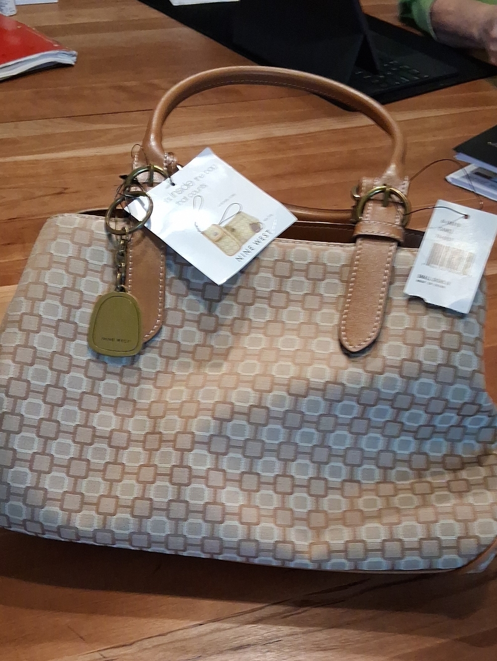 Nine West Beige and Tan Geometric Tote Satchel
